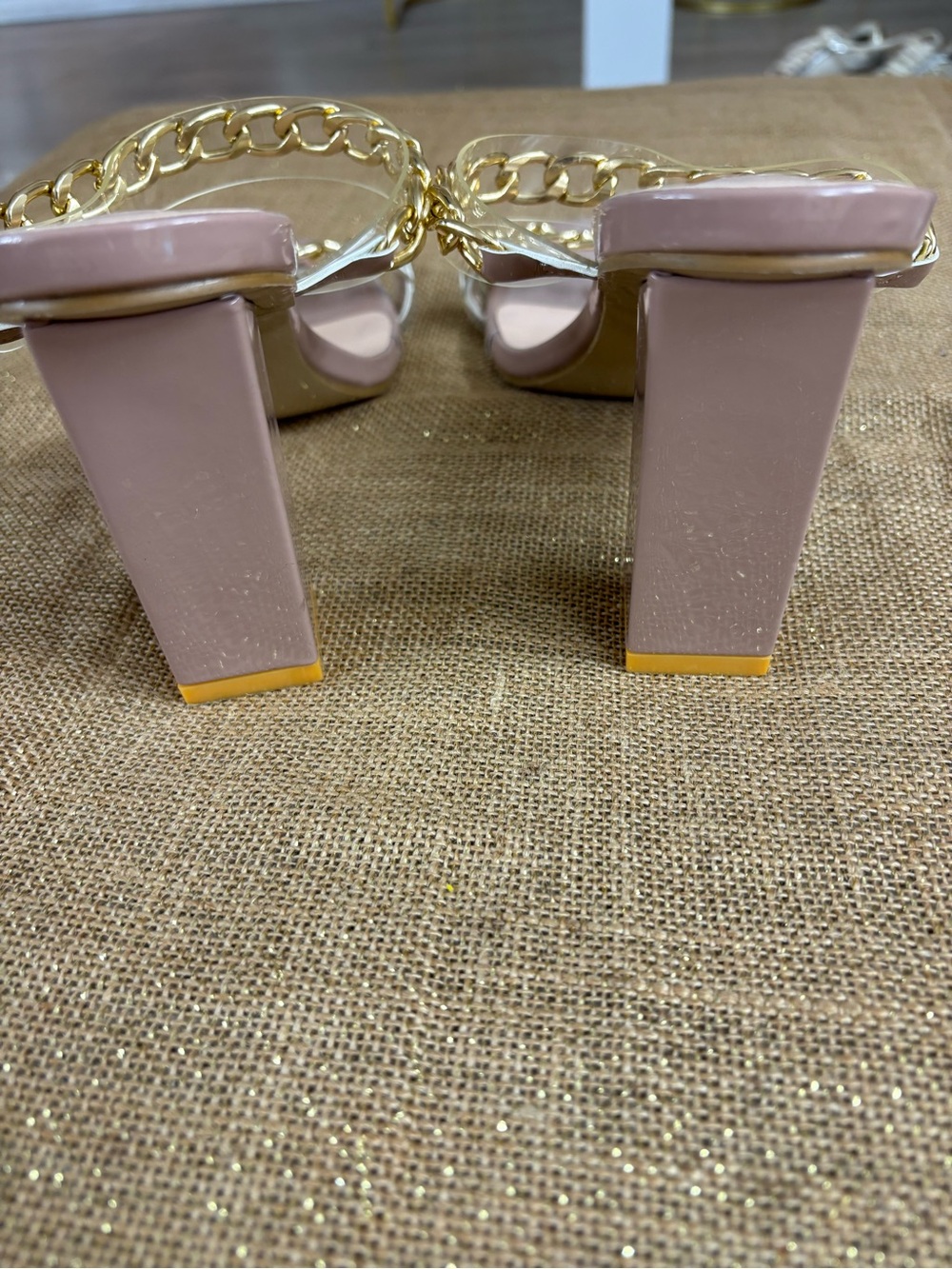 Clear PVC Gold Chain Block Heel Mule Sandals | Nude Blush Slip-On Heels - Picture 5 of 5